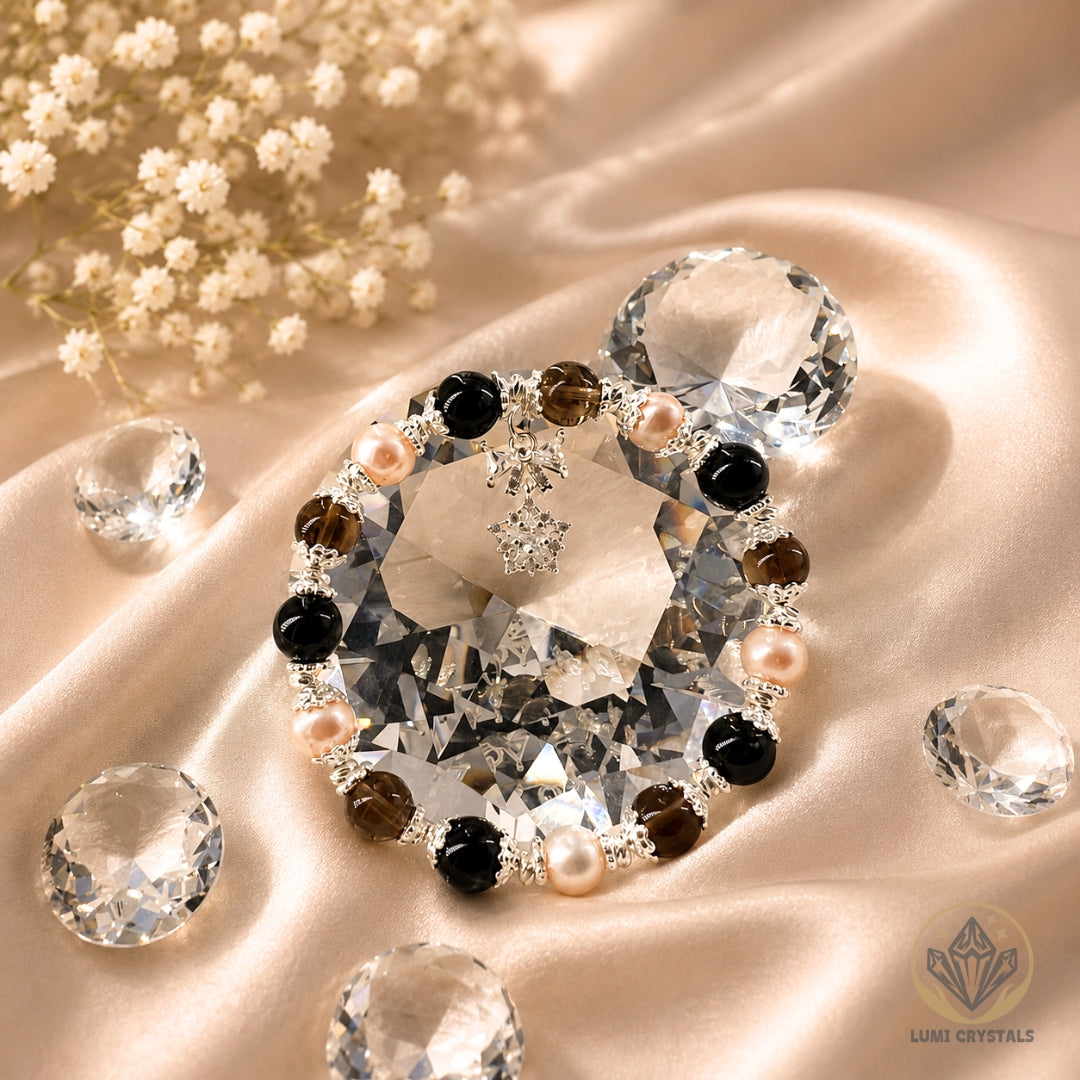 Pearl Shadow Elegance - Natural Crystals Bracelet Design - Balance, Confidence, and Calm (CH2)