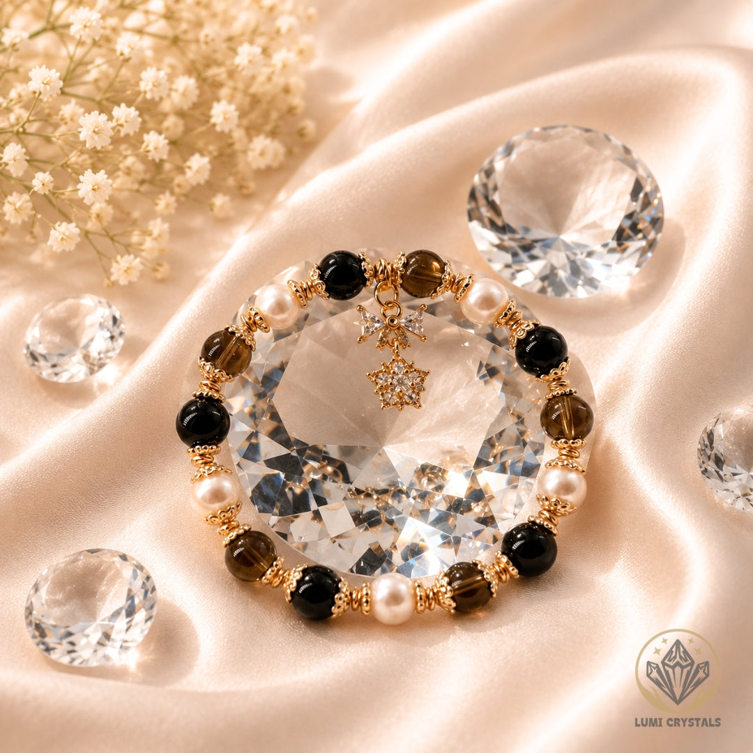 Pearl Shadow Elegance - Natural Crystals Bracelet Design - Balance, Confidence, and Calm (CH2)