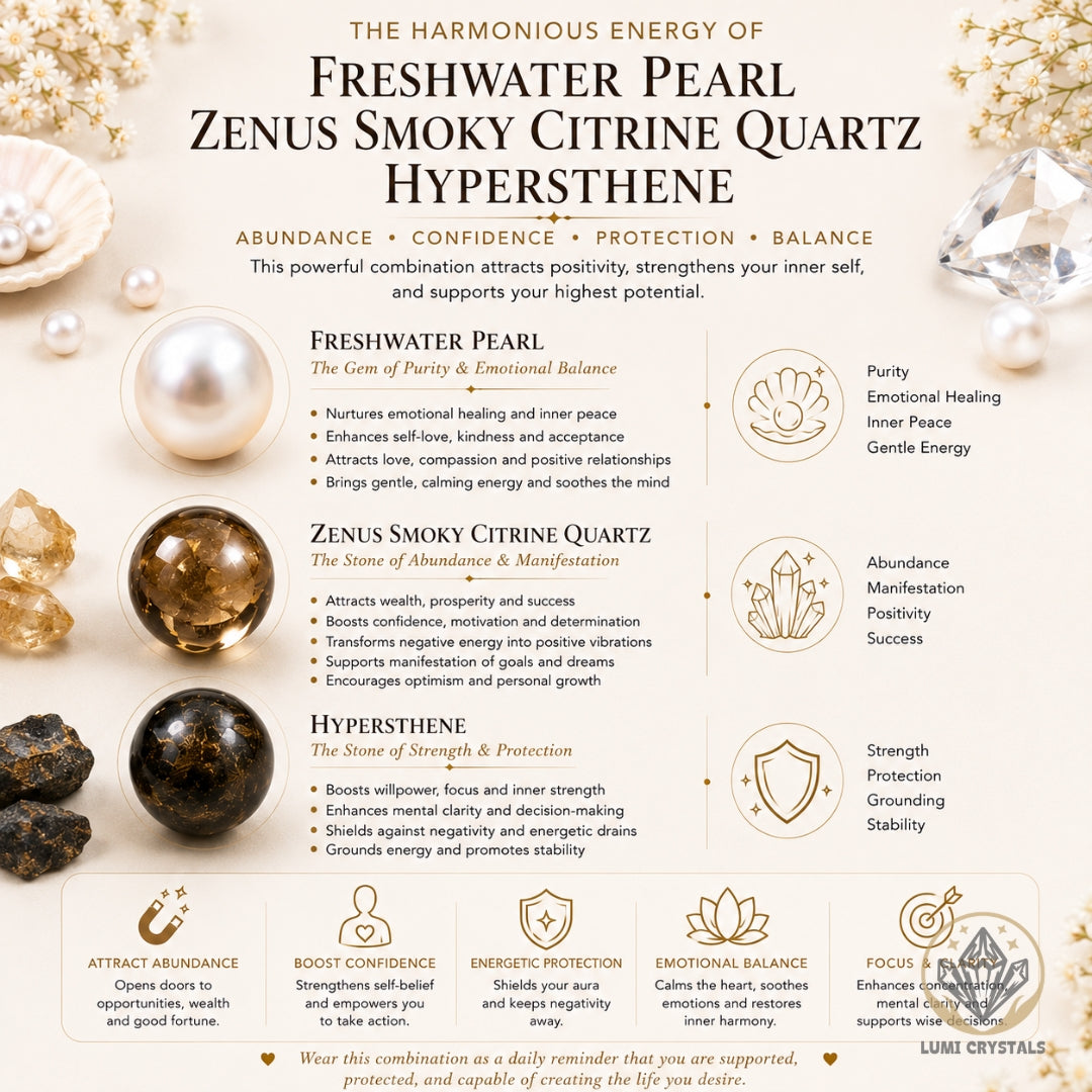 Pearl Shadow Elegance - Natural Crystals Bracelet Design - Balance, Confidence, and Calm (CH2)