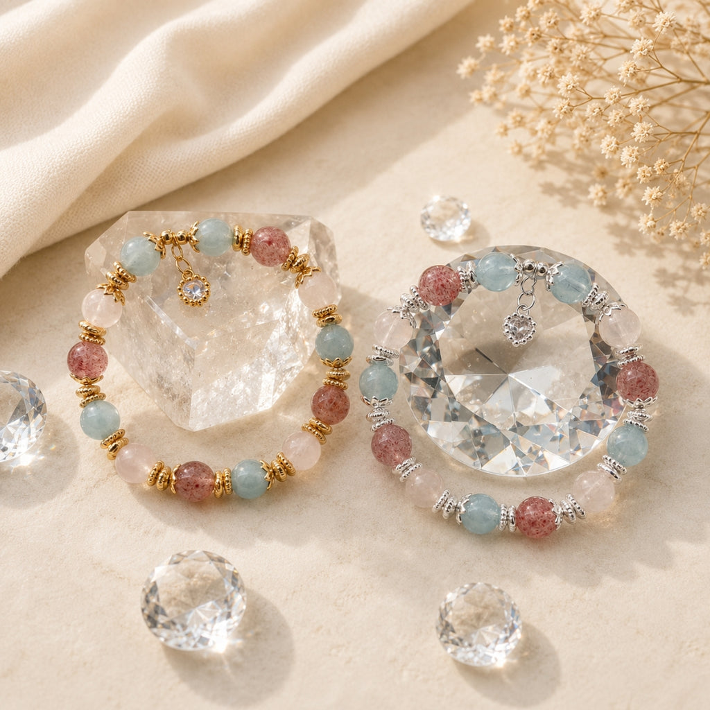 Moonlit Ocean Rose - Natural Crystals Bracelet Design - Where Ocean Calm Meets Rose Devotion (PK5)