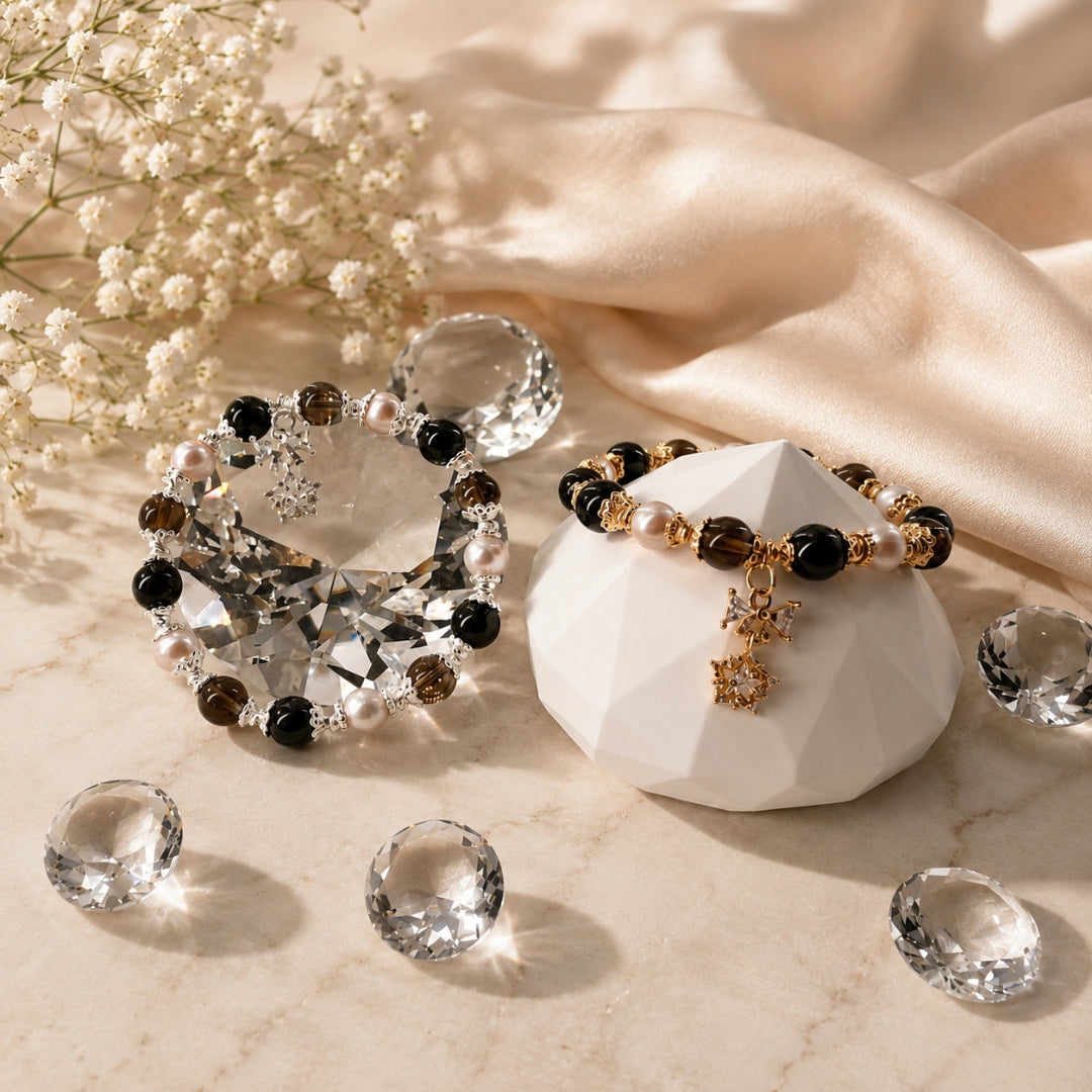 Pearl Shadow Elegance - Natural Crystals Bracelet Design - Balance, Confidence, and Calm (CH2)